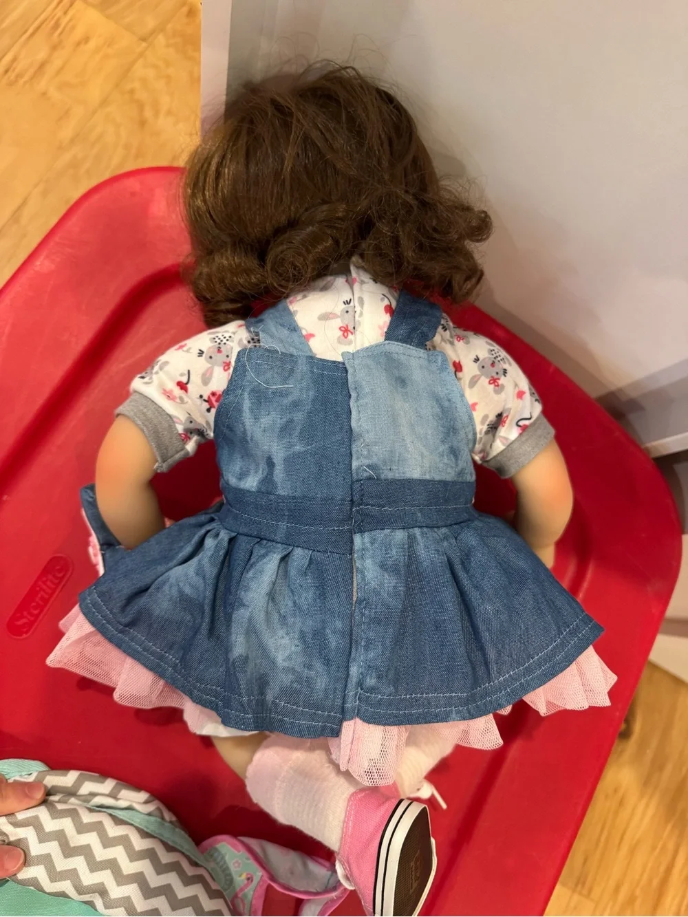 Reborn Doll- Blue Denim Dress Baby Doll with Pink Accents